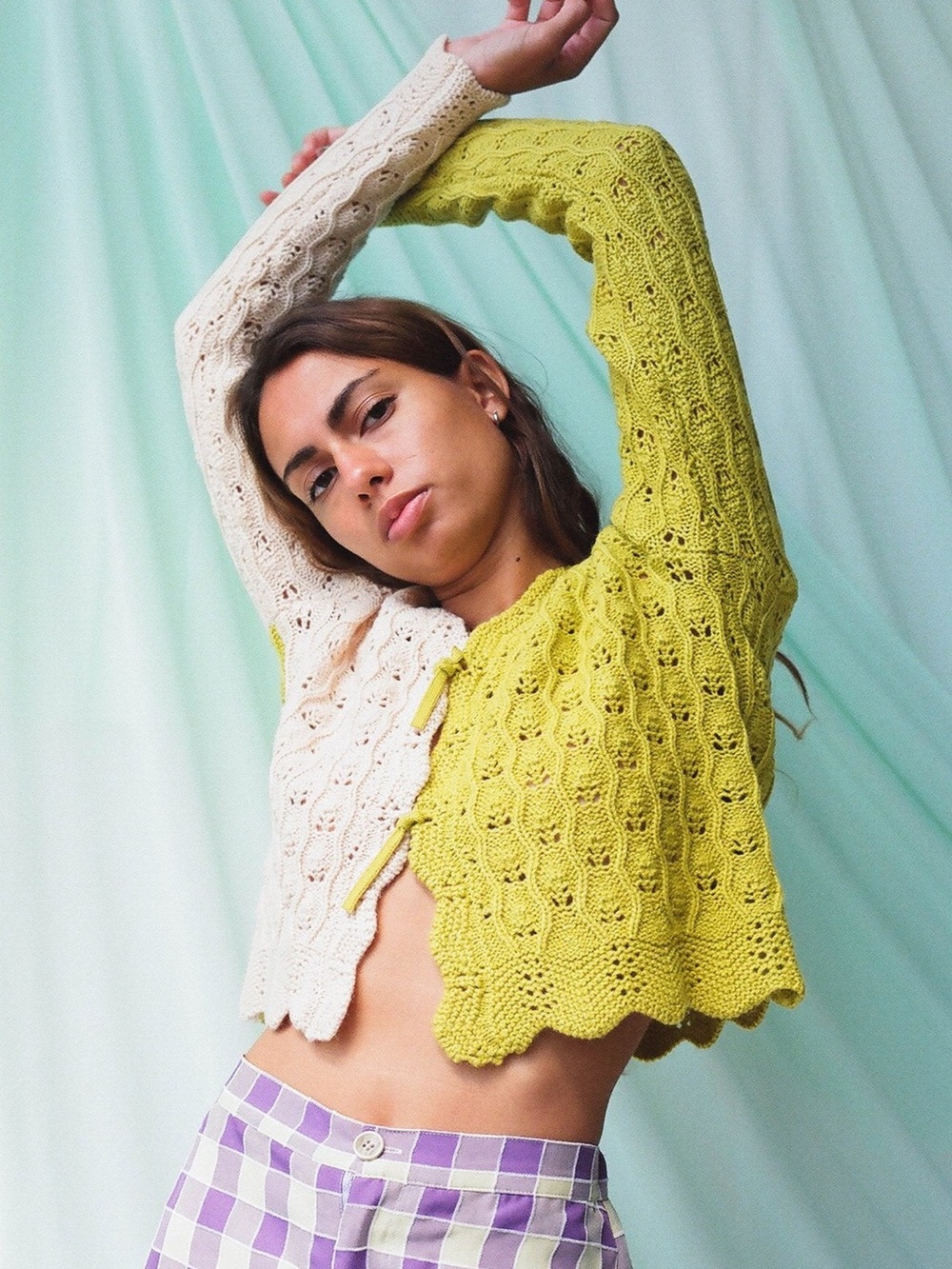 Find Me One Two-Tone Open Knit Cardigan in Cream & Lime